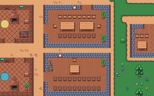 Deux salles de réunion en pixel art avec de longues tables.