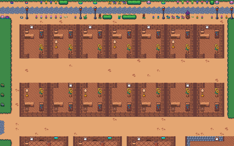 A street of small offices on our own map, each with a desk, a lamp and a plant.