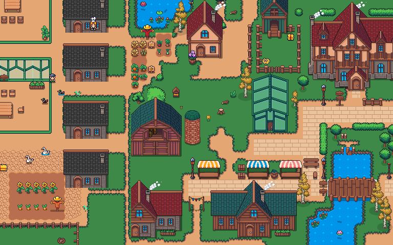 Une place de village en pixel art où les collègues se croisent.