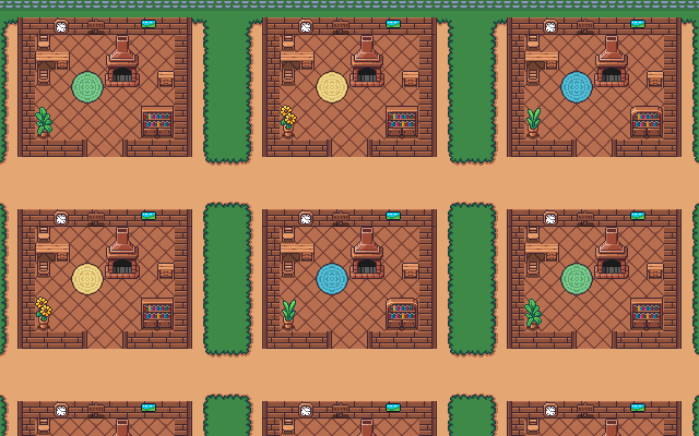 Une rue de petits bureaux privés en pixel art, chacun avec son pupitre.