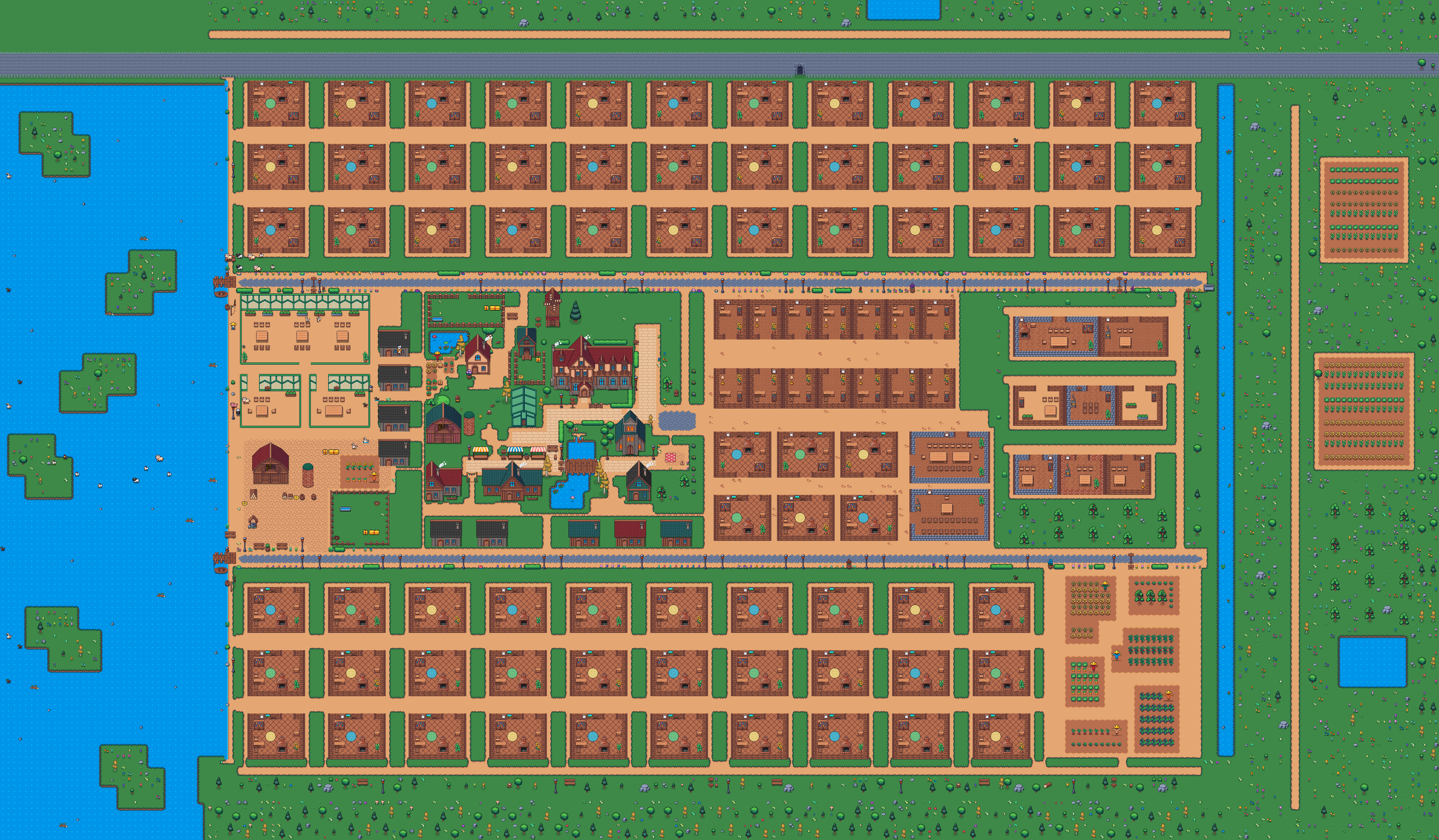A pixel-art office seen from above at dusk: rows of private offices, meeting rooms and a village square.